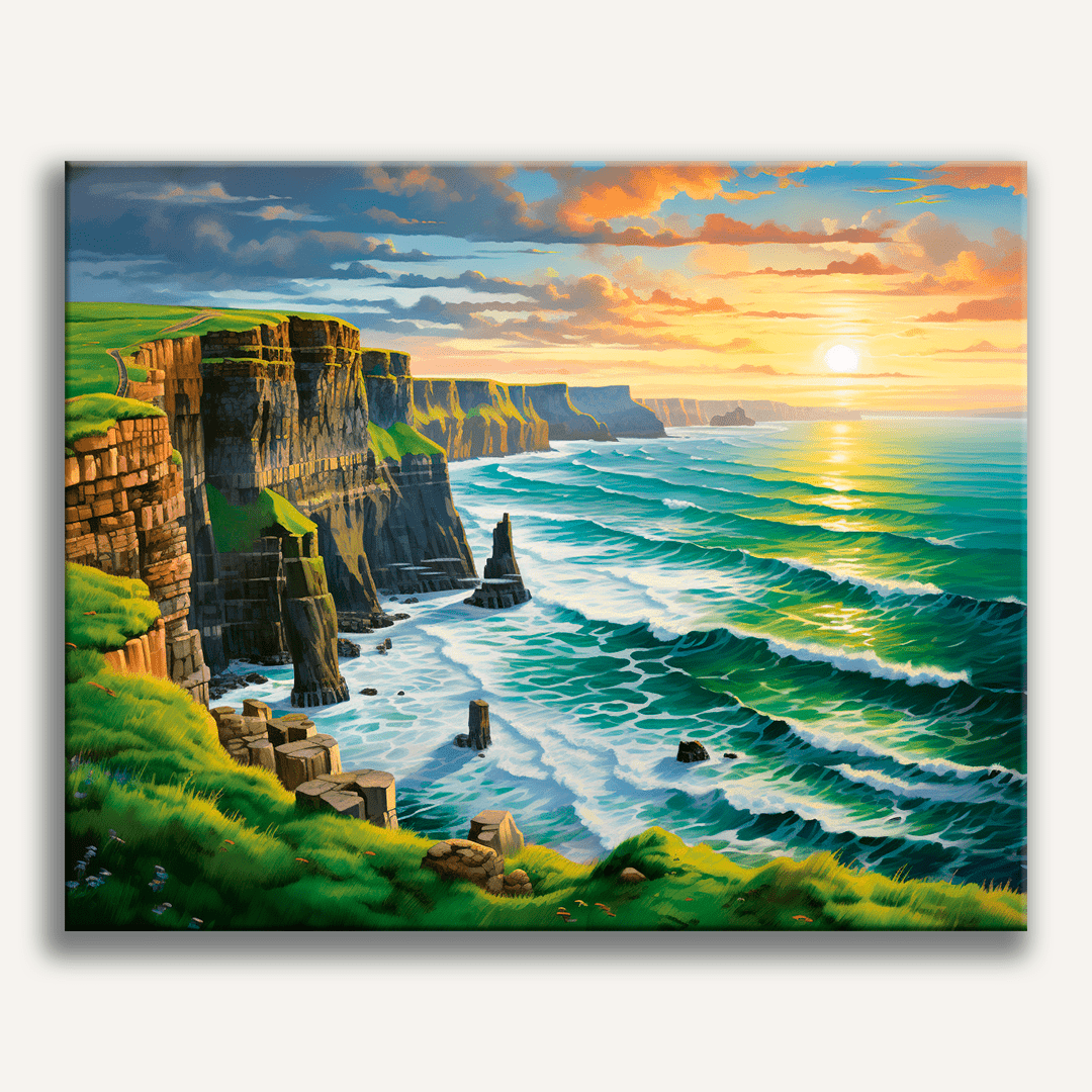 A picturesque landscape featuring a cliff with green foliage overlooking a dramatic seascape under a sky with hues of dusk or dawn.