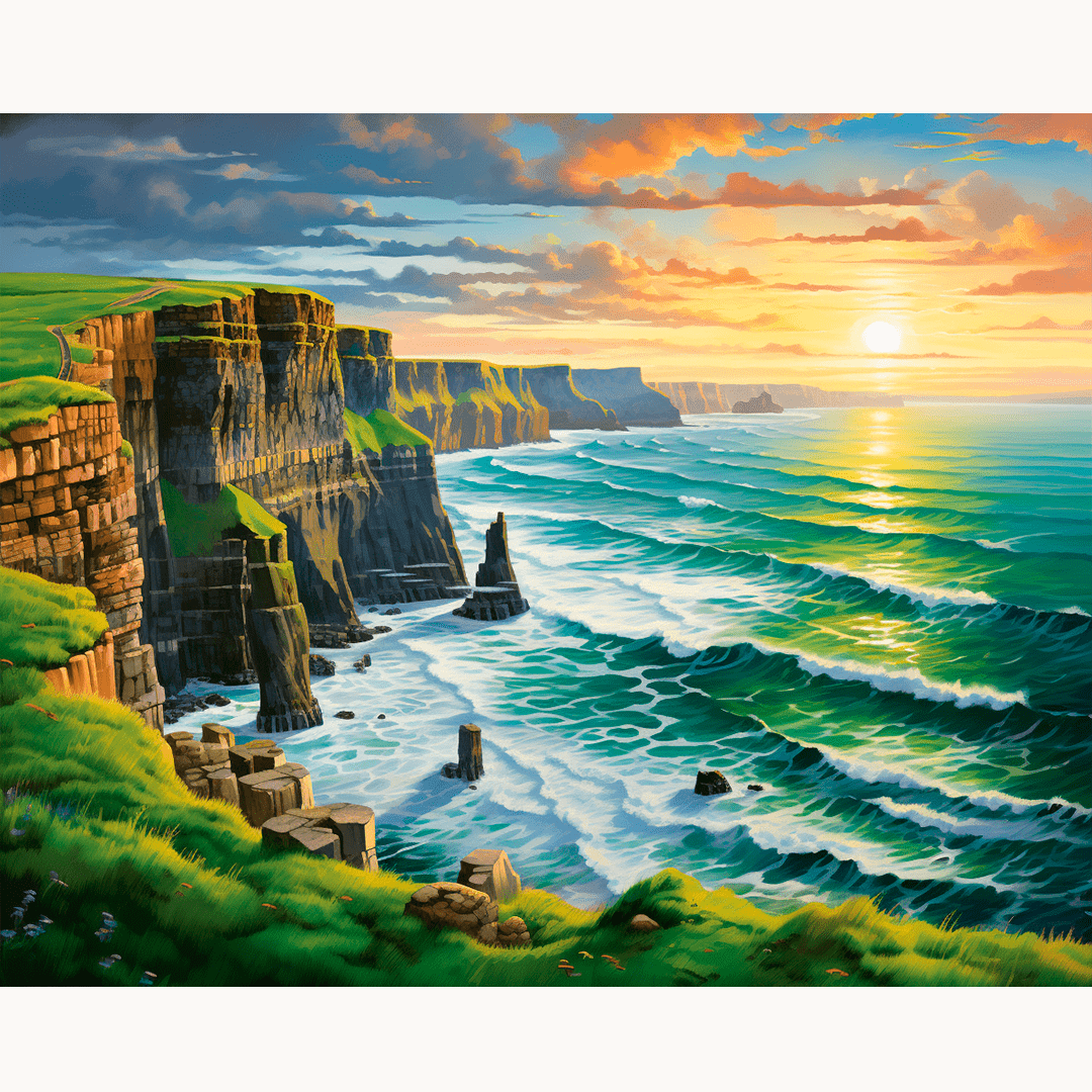 A picturesque landscape featuring a cliff with green foliage overlooking a dramatic seascape under a sky with hues of dusk or dawn.