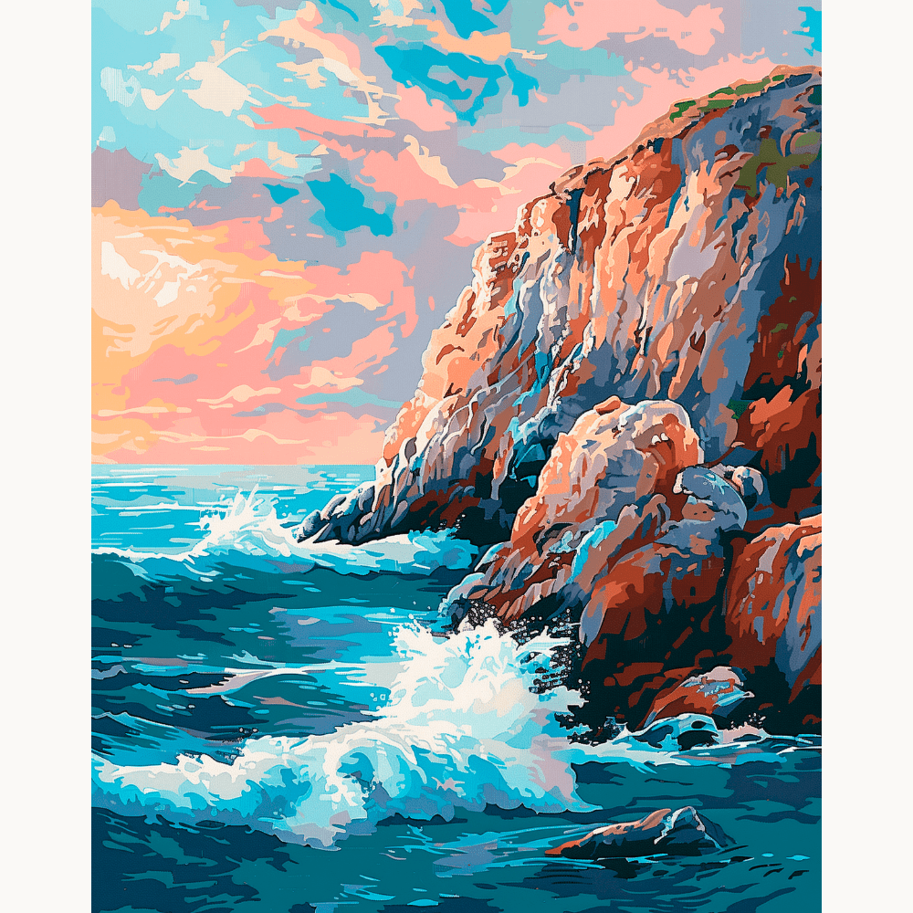 This is a vibrant landscape painting depicting a rocky coastline.