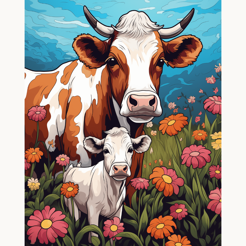 The image depicts a vibrant pastoral scene featuring two cows in a meadow.
