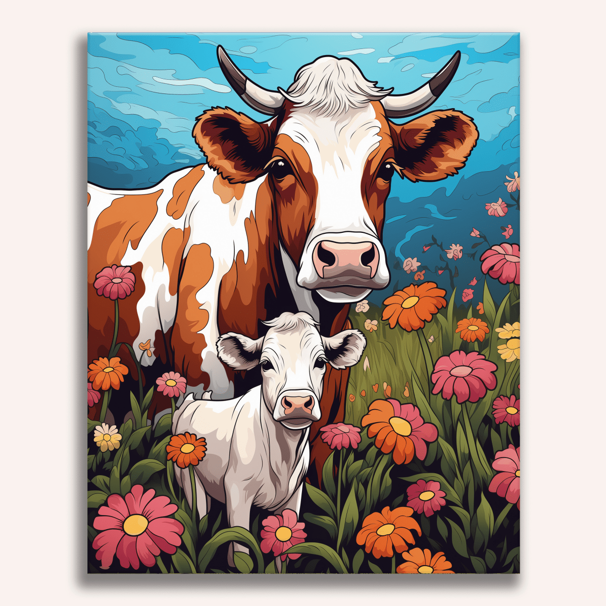 The image depicts a vibrant pastoral scene featuring two cows in a meadow.