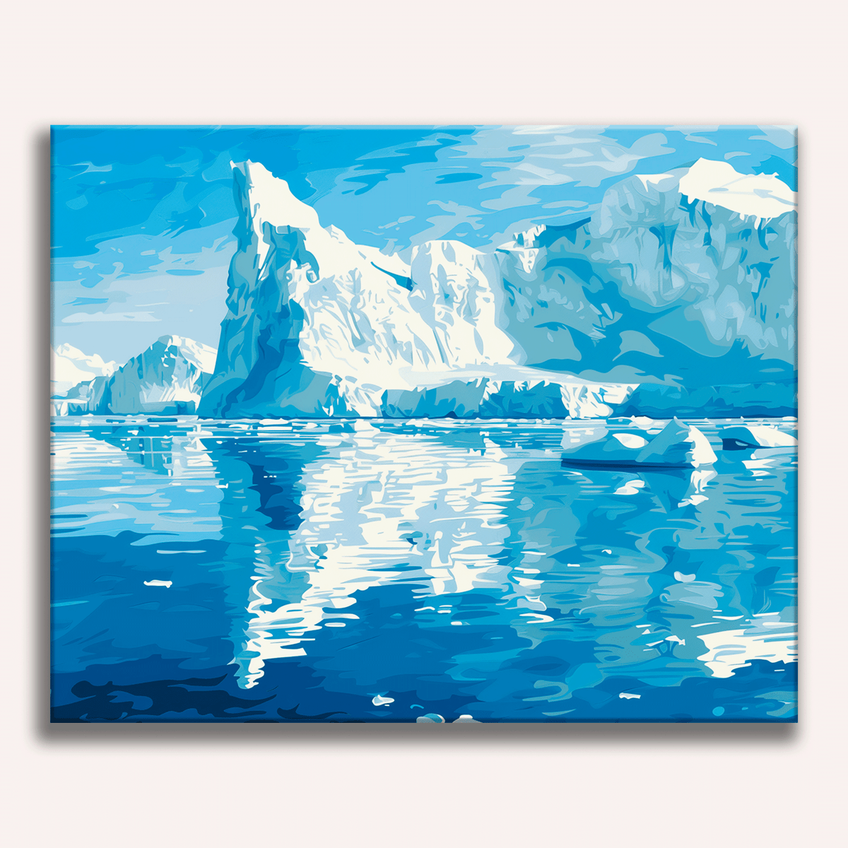 A wall canvas presents a vibrant depiction of an Arctic landscape under a clear blue sky.