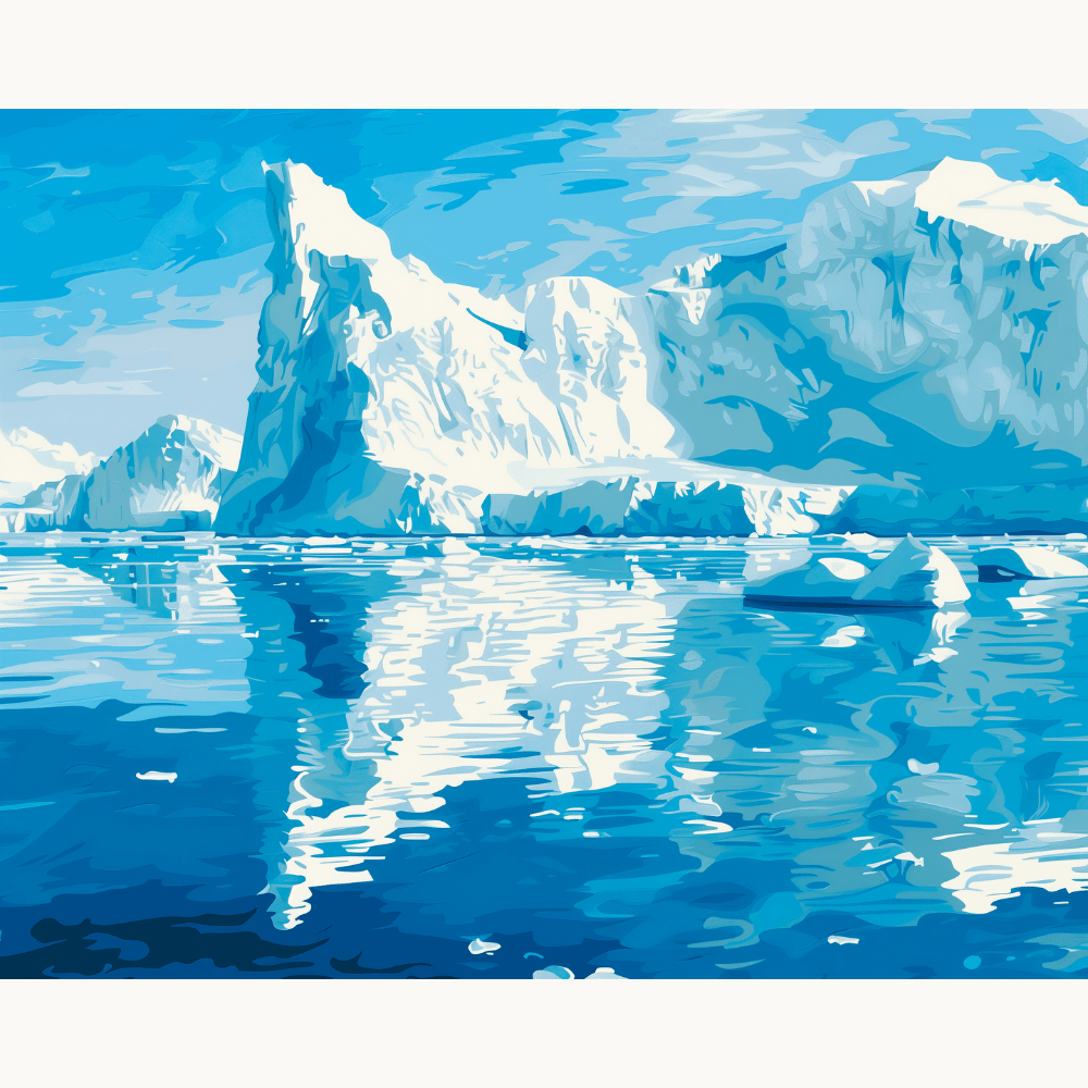 A wall canvas presents a vibrant depiction of an Arctic landscape under a clear blue sky.