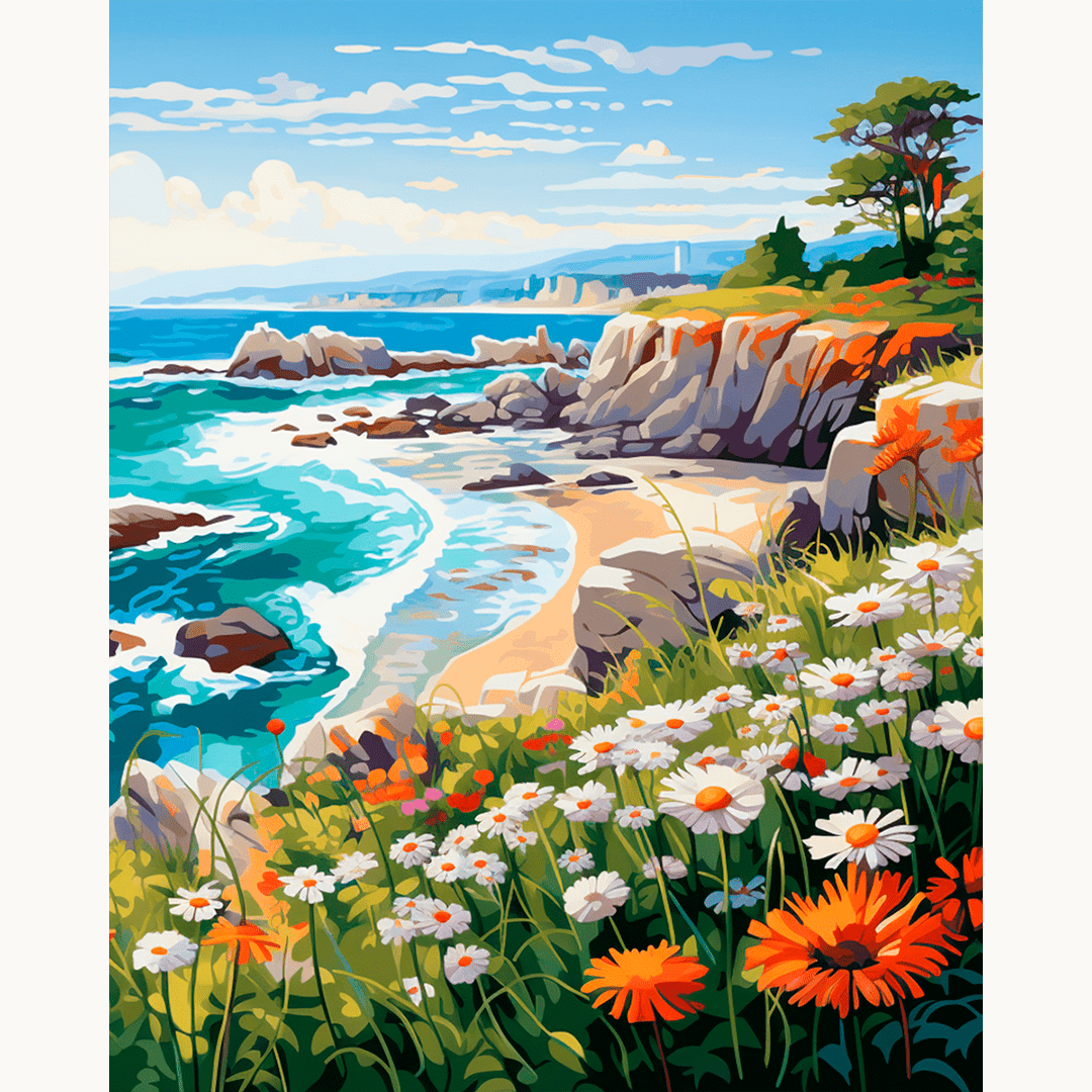 A serene coastal scene featuring a picturesque rocky beach with clear blue waters and white foam from the waves, flanked by lush greenery and colorful wildflowers.