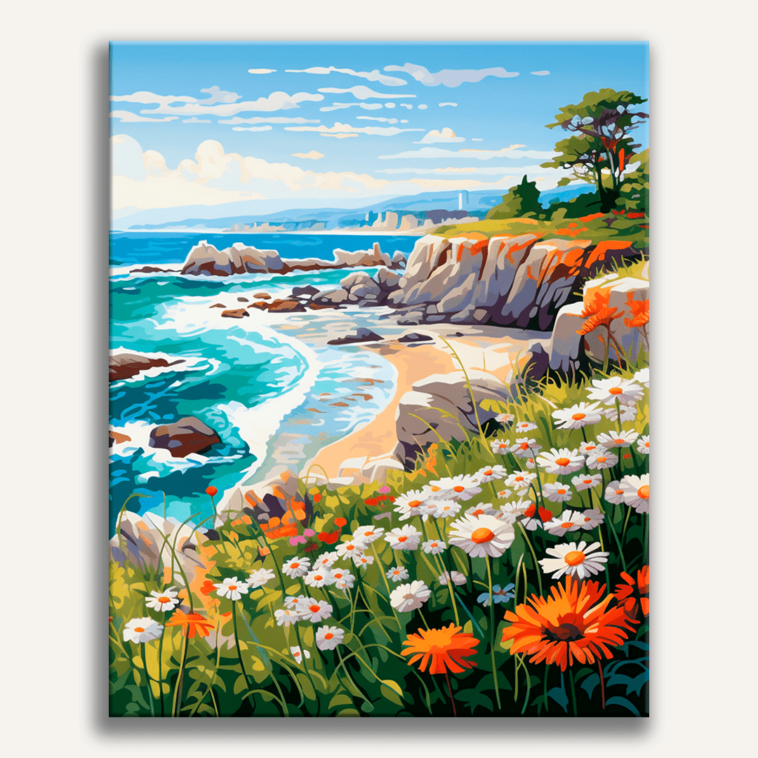 A serene coastal scene featuring a picturesque rocky beach with clear blue waters and white foam from the waves, flanked by lush greenery and colorful wildflowers.