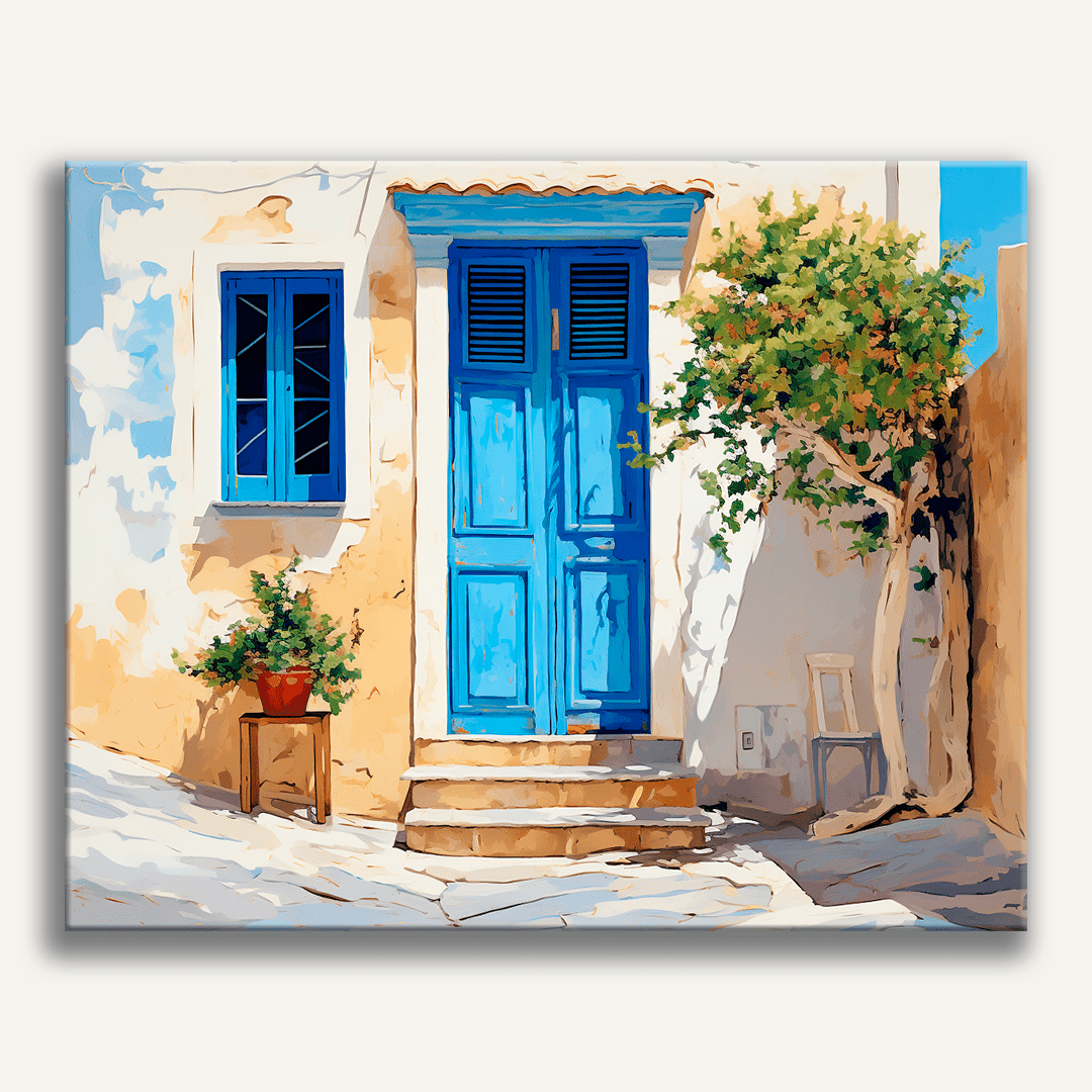A watercolor painting depicts a tranquil scene of a small, blue wooden door on a whitewashed building.