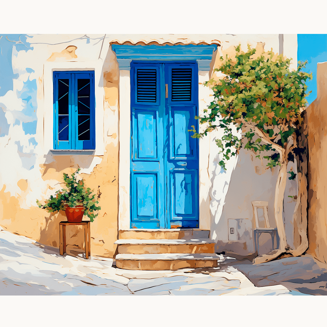 A watercolor painting depicts a tranquil scene of a small, blue wooden door on a whitewashed building.