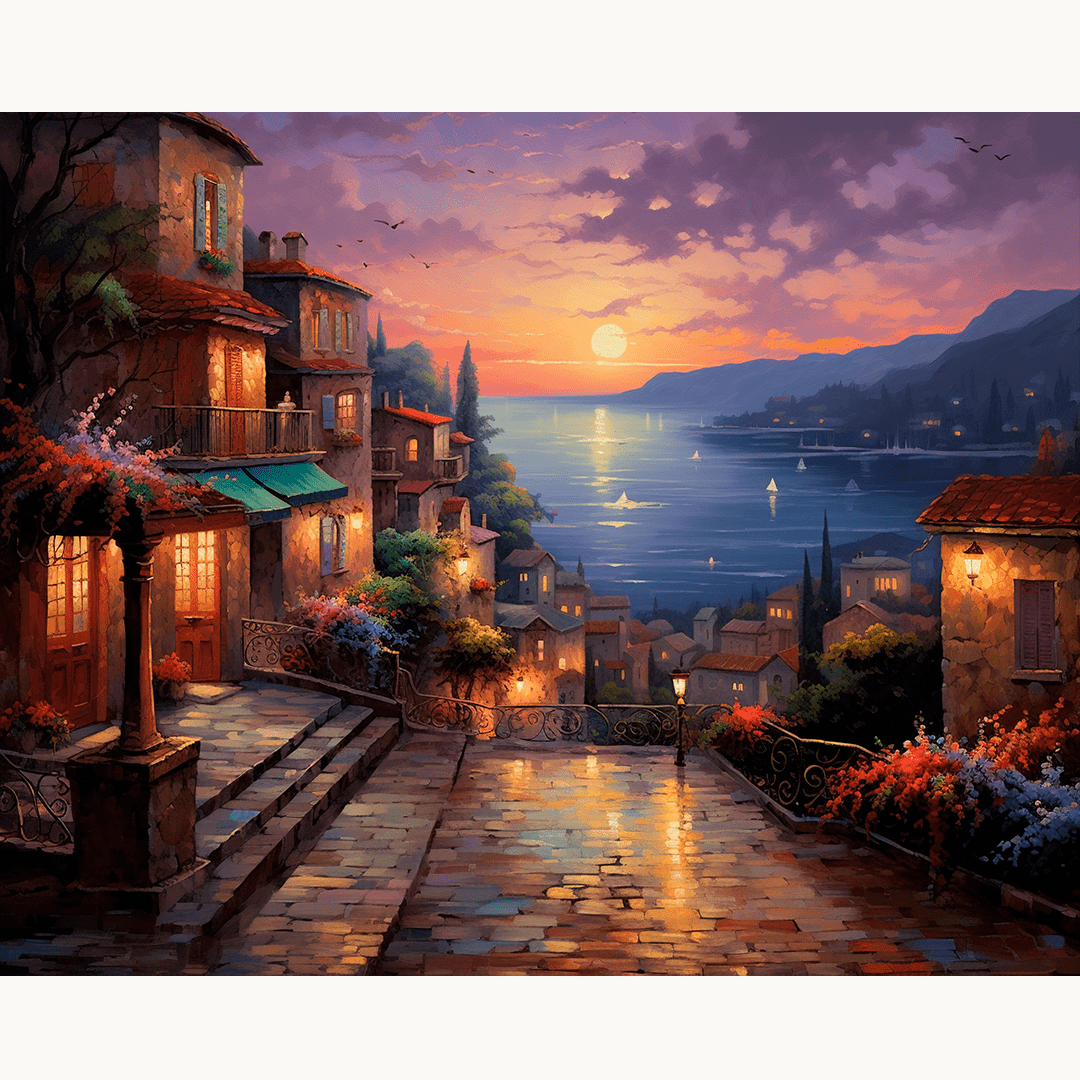 A picturesque landscape at sunset, depicting a charming village by the sea.