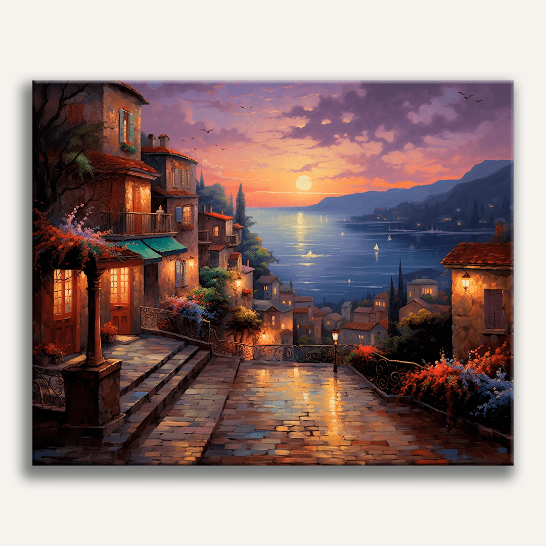 A picturesque landscape at sunset, depicting a charming village by the sea.