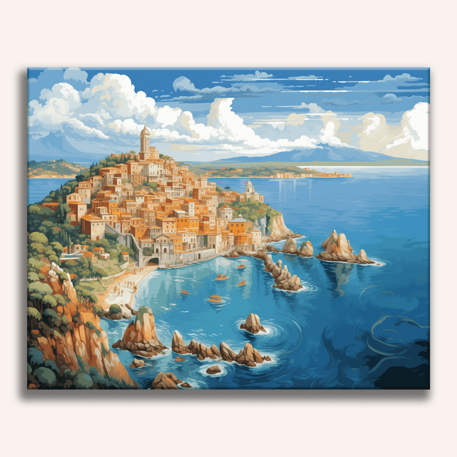 This image showcases a picturesque coastal village perched on a cliff.
