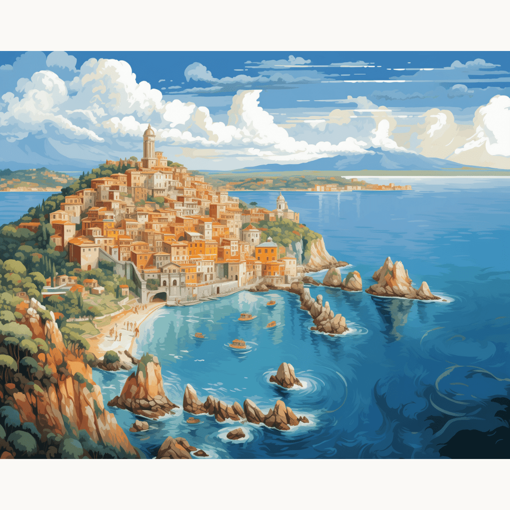 This image showcases a picturesque coastal village perched on a cliff.