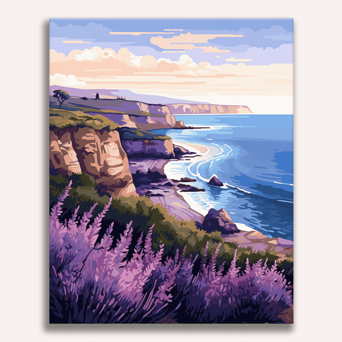 A serene landscape poster featuring a coastal scene with cliffs and rocky shoreline.