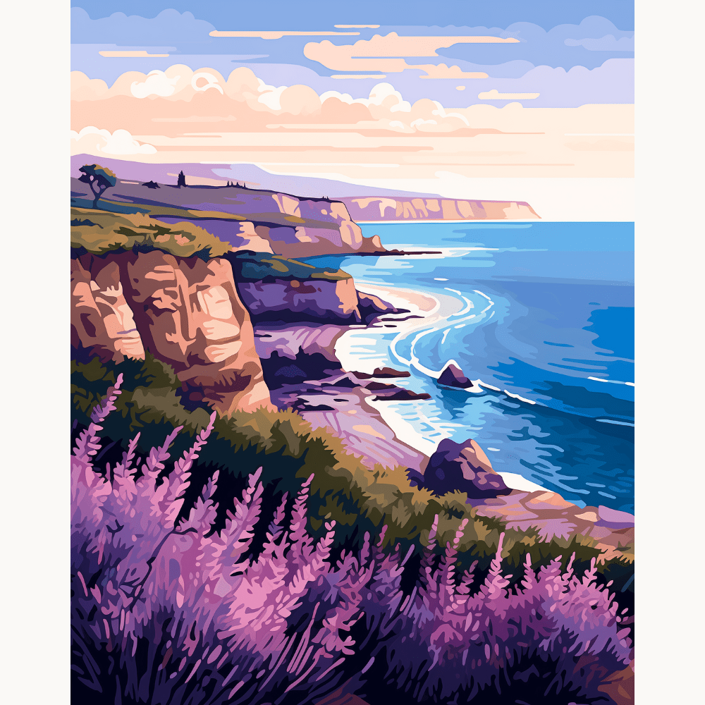 A serene landscape poster featuring a coastal scene with cliffs and rocky shoreline.