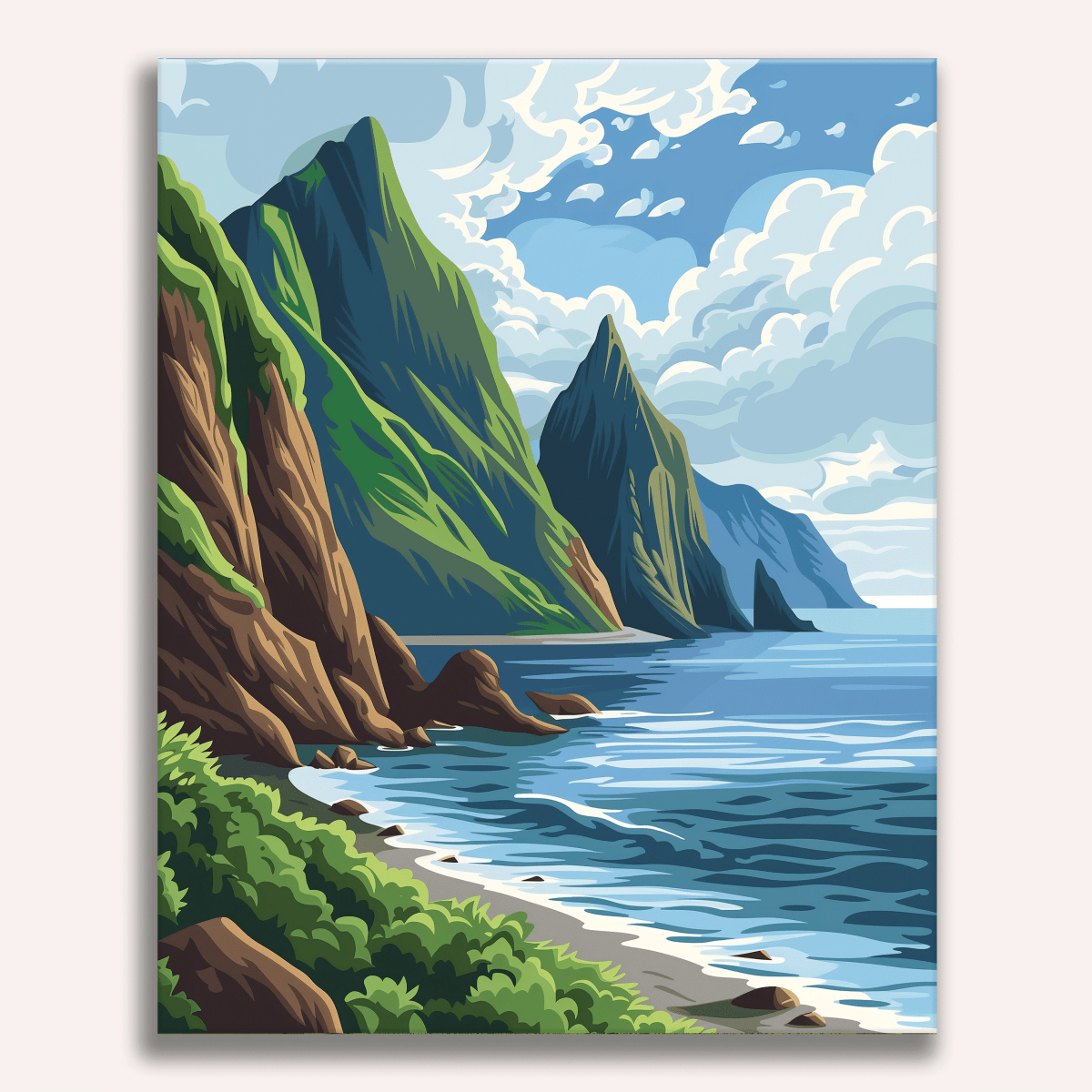 An illustration capturing a serene scene of a lush green hillside leading to a rocky coastline under a clear blue sky..