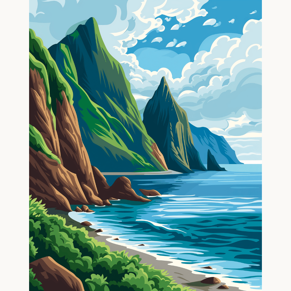 An illustration capturing a serene scene of a lush green hillside leading to a rocky coastline under a clear blue sky..