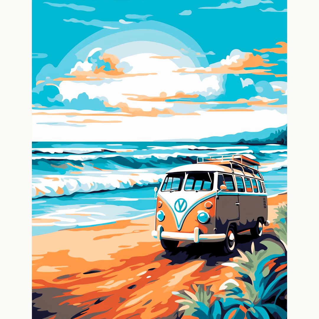 A vibrant beach scene, featuring a Volkswagen bus parked on the sandy shore.