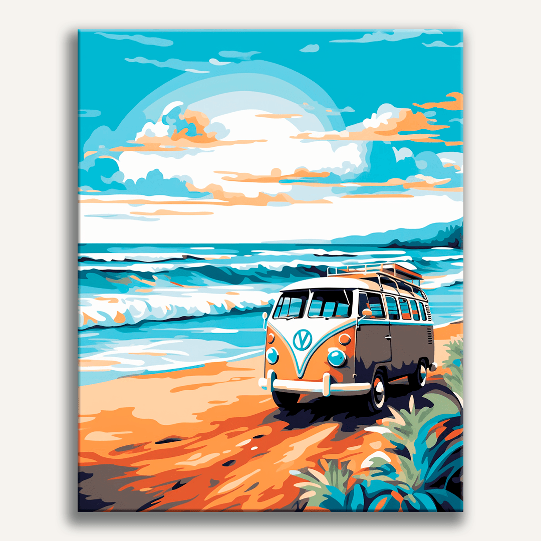 A vibrant beach scene, featuring a Volkswagen bus parked on the sandy shore.