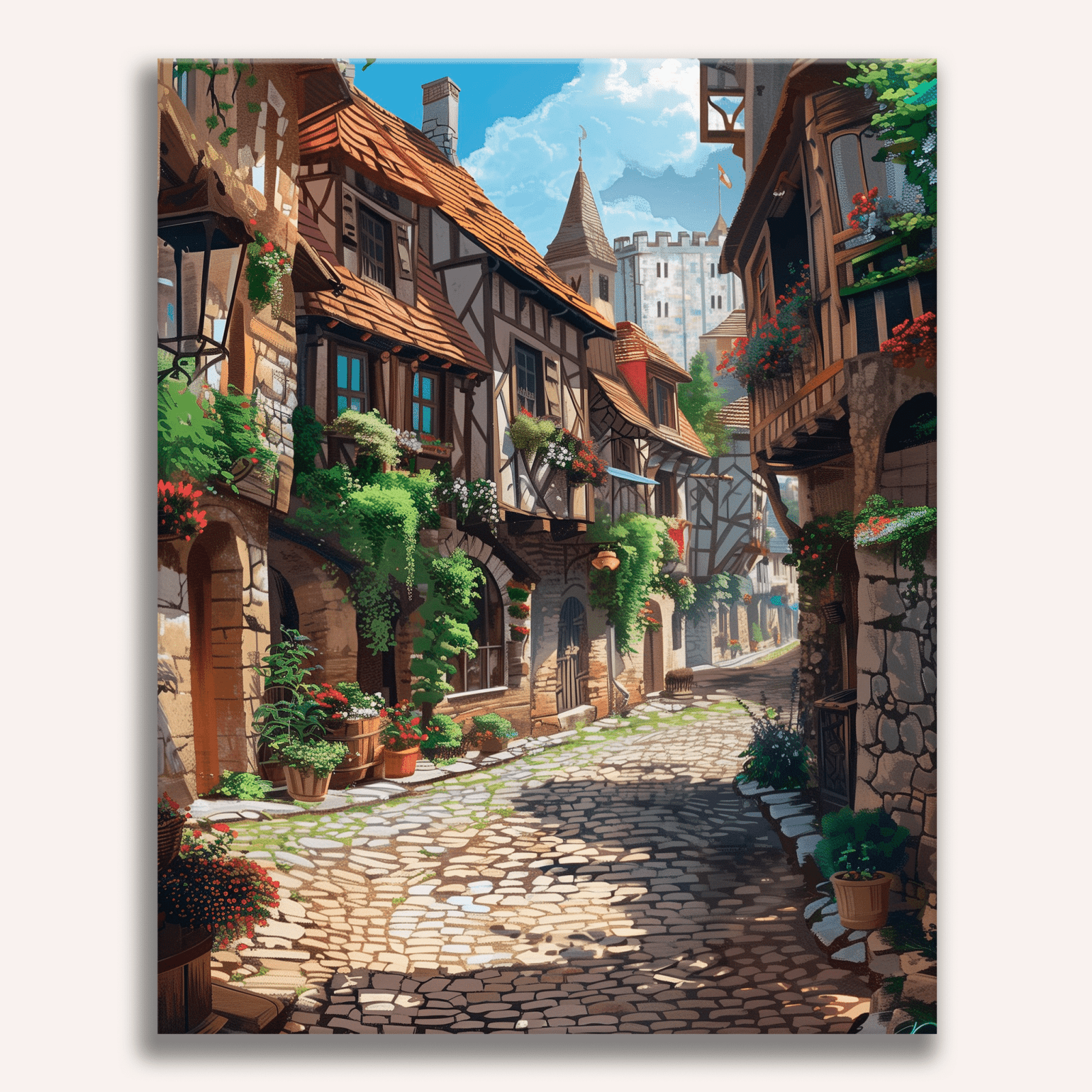 The image depicts a quaint European-style village street.