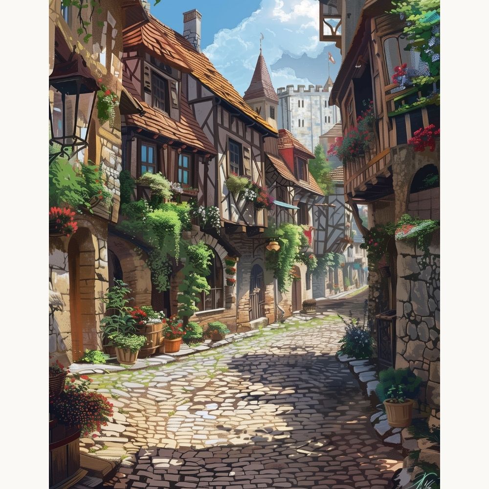 The image depicts a quaint European-style village street.