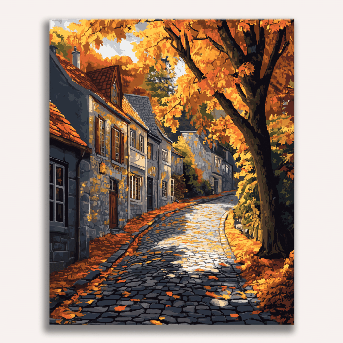 A picturesque autumn scene features a cobblestone street lined with quaint houses and tall trees adorned with vibrant golden leaves.
