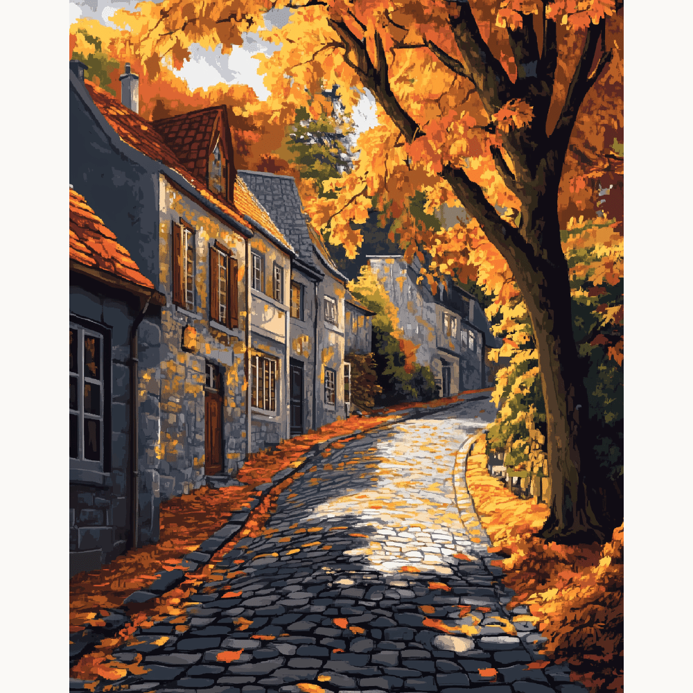 A picturesque autumn scene features a cobblestone street lined with quaint houses and tall trees adorned with vibrant golden leaves.