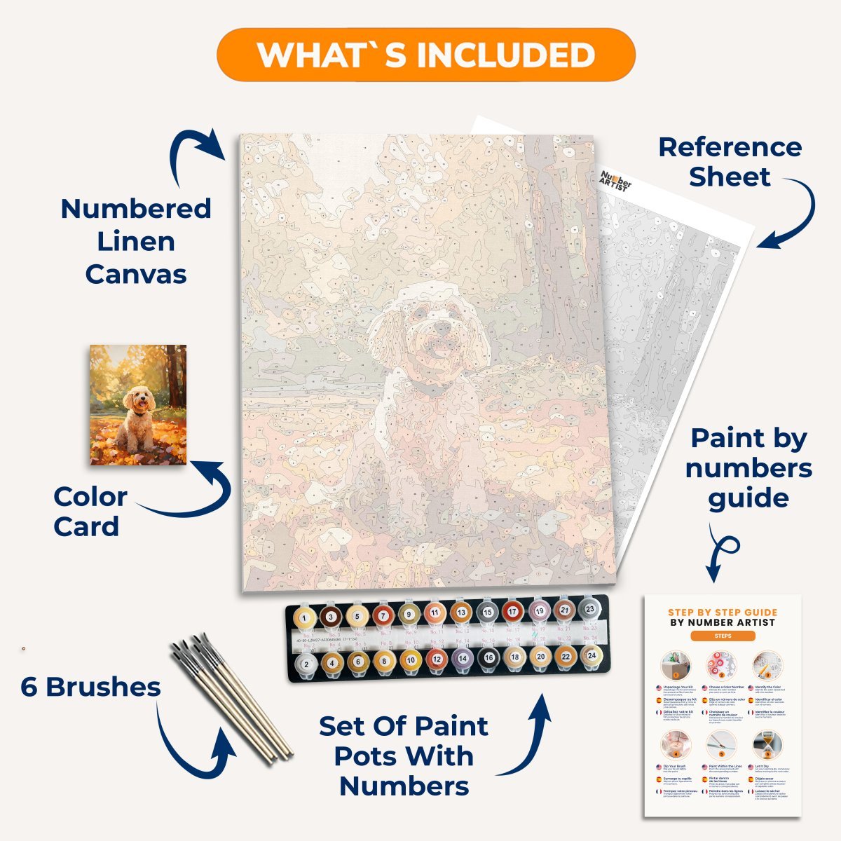 A painting depicts a golden retriever sitting on what appears to be a carpet of fallen leaves in an outdoor setting during autumn.