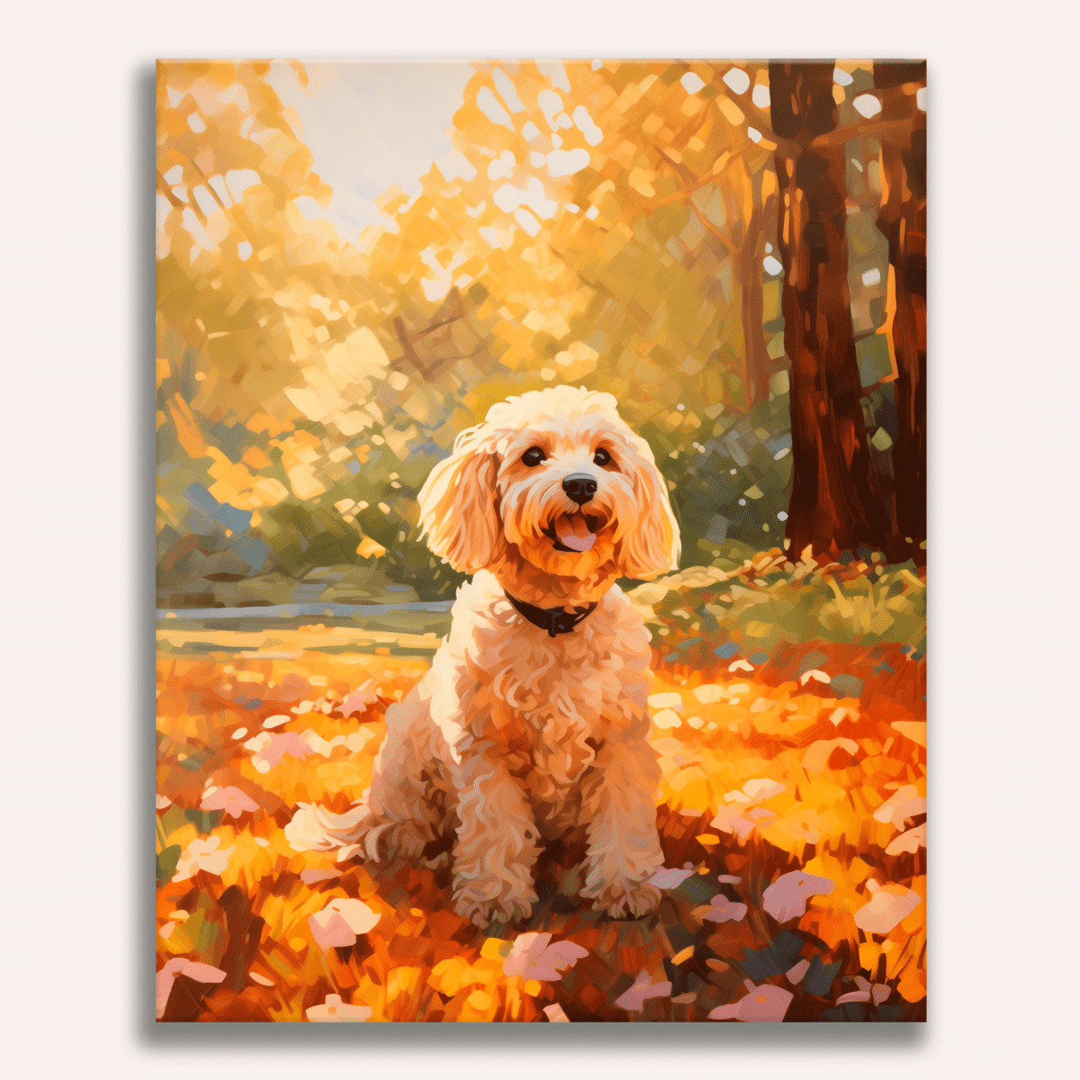 A painting depicts a golden retriever sitting on what appears to be a carpet of fallen leaves in an outdoor setting during autumn.