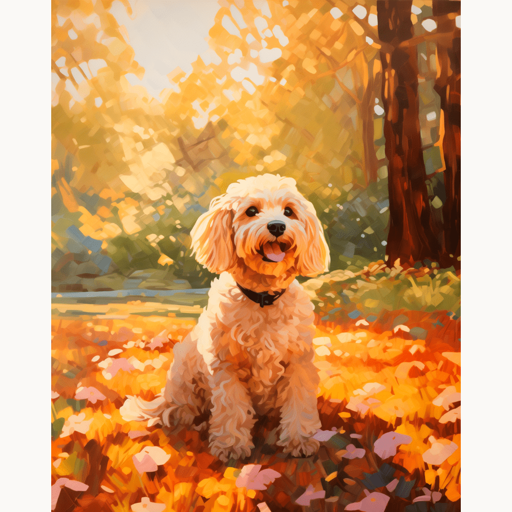 A painting depicts a golden retriever sitting on what appears to be a carpet of fallen leaves in an outdoor setting during autumn.