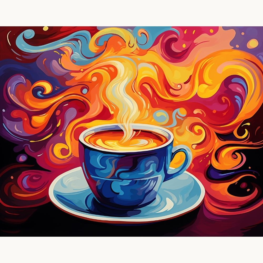 A vibrant and artistic canvas print featuring an illustration of a steaming cup of coffee surrounded by swirling abstract patterns that transition from fiery oranges to lively blues, evoking a sense of warmth and creativity..