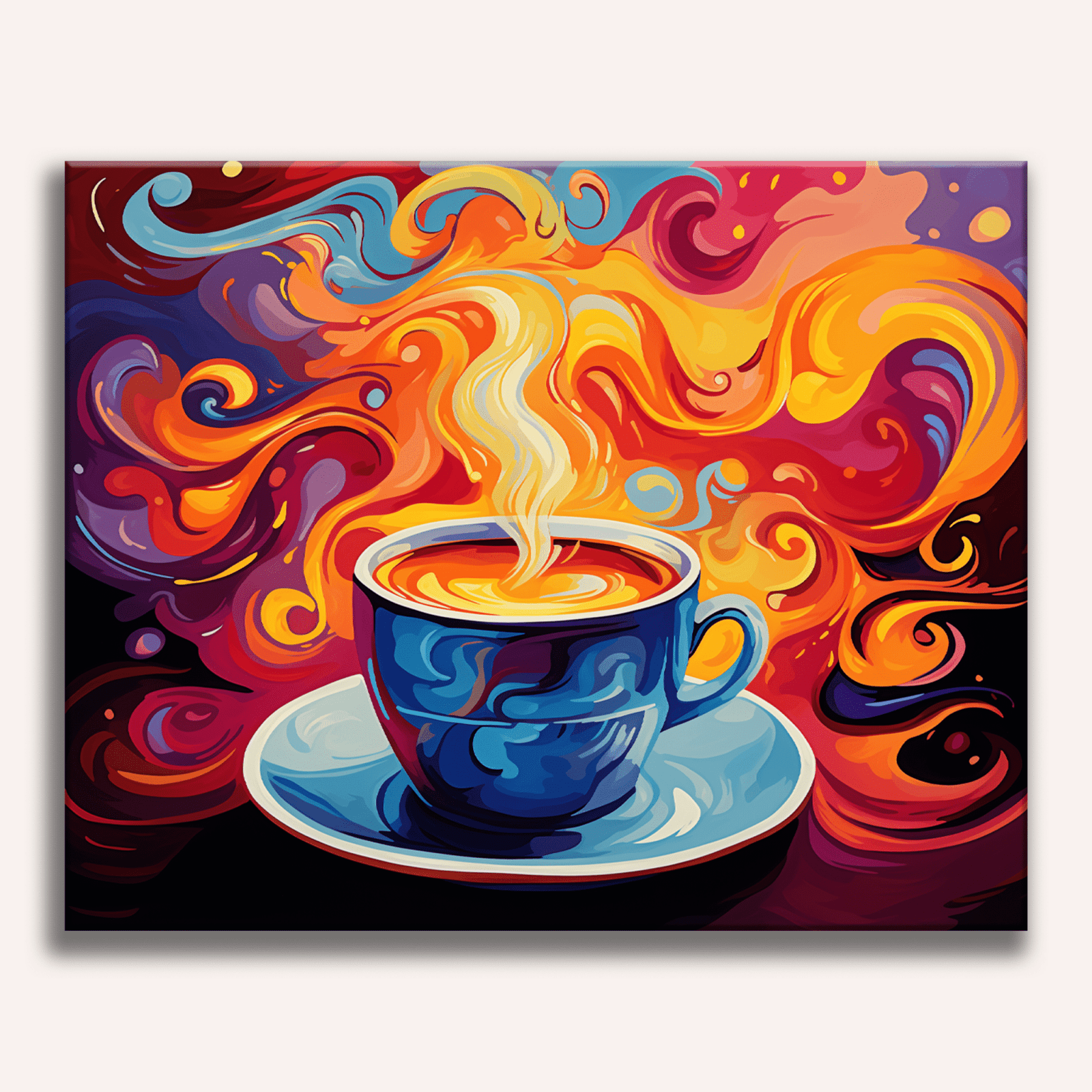 A vibrant and artistic canvas print featuring an illustration of a steaming cup of coffee surrounded by swirling abstract patterns that transition from fiery oranges to lively blues, evoking a sense of warmth and creativity..