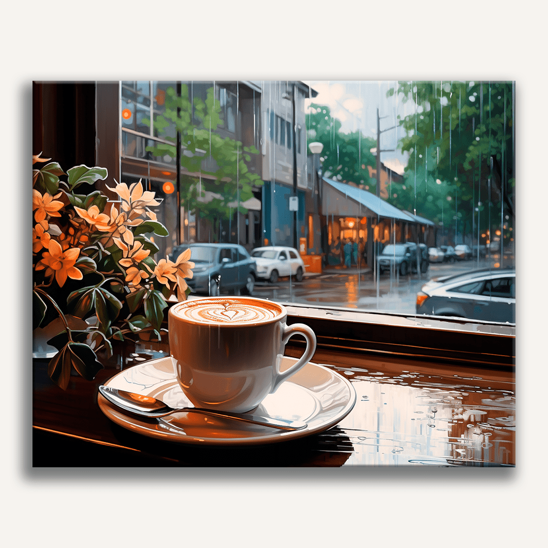 The image portrays a cozy coffee shop scene at dusk.