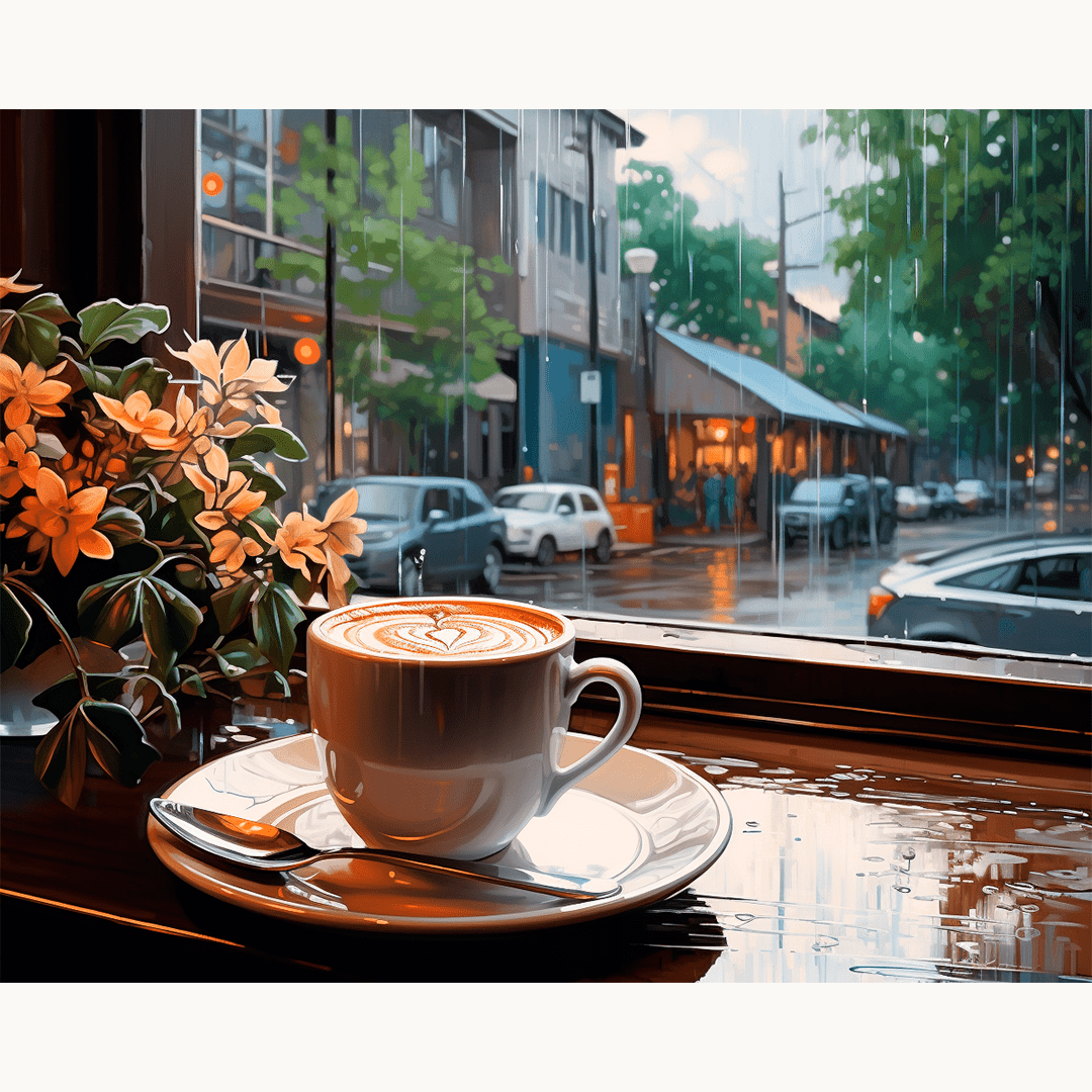 The image portrays a cozy coffee shop scene at dusk.