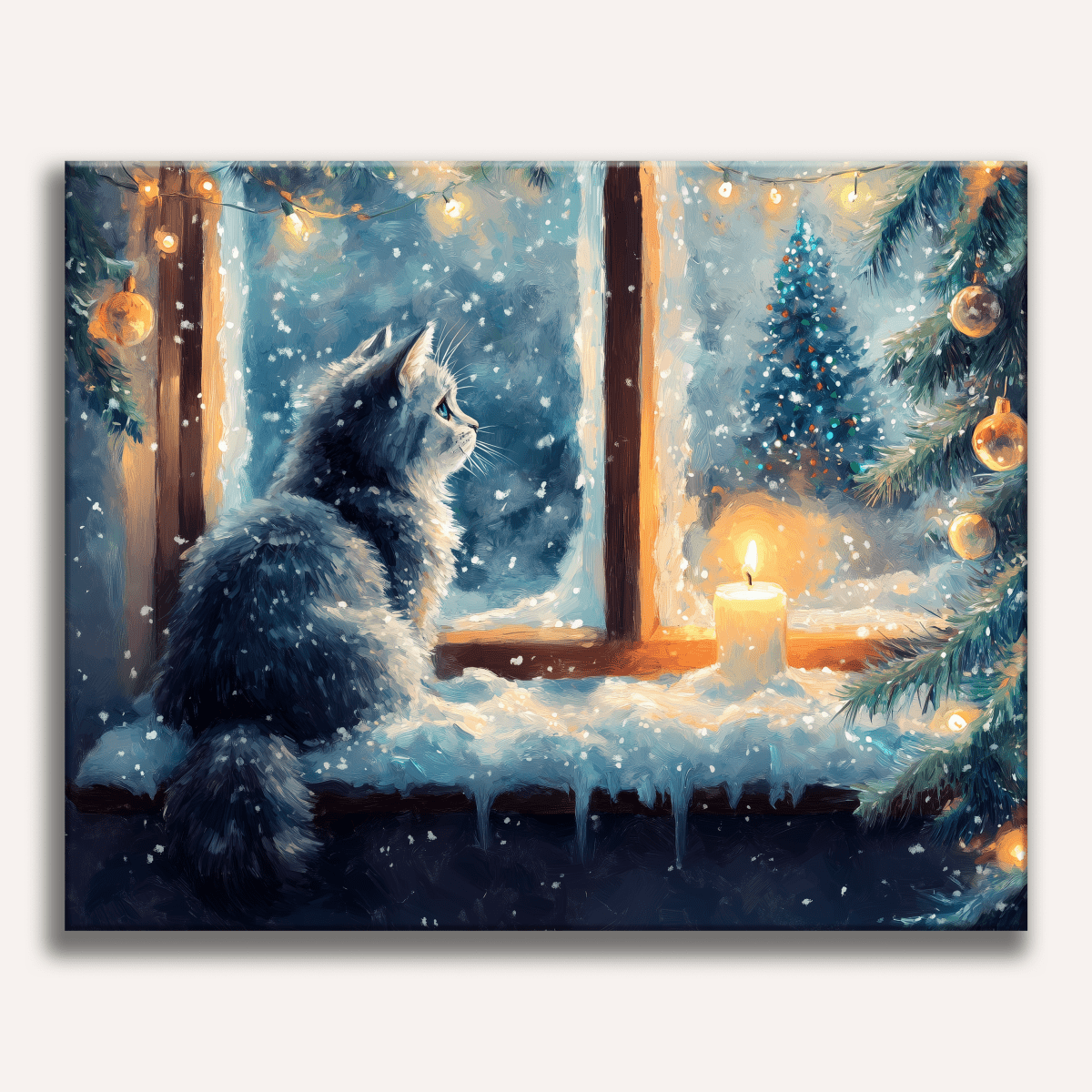 This is a digital illustration featuring a domestic cat sitting on a snow-covered window sill.