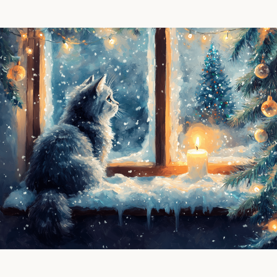 This is a digital illustration featuring a domestic cat sitting on a snow-covered window sill.