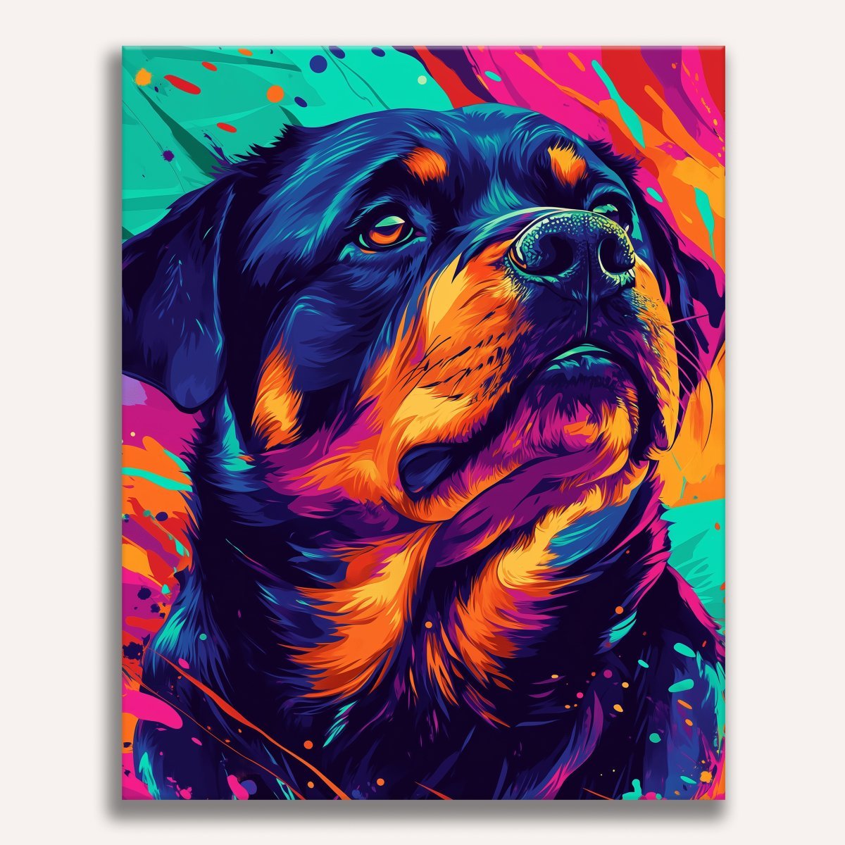 An artistic rendering featuring a stylized illustration of a large brown dog with a glossy coat, looking directly at the viewer.