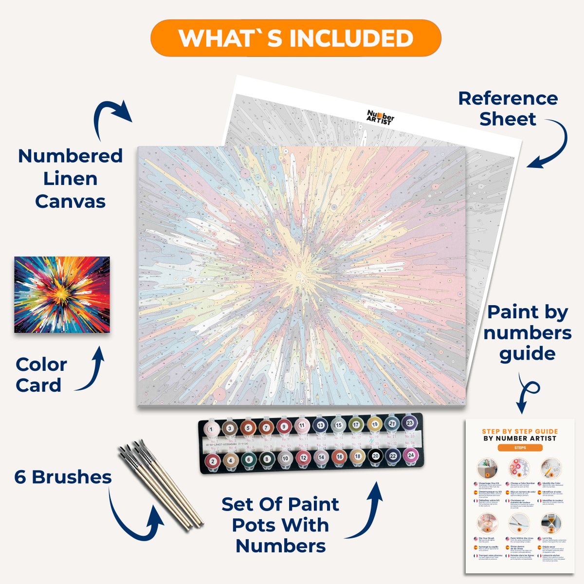 The image presents an abstract art piece characterized by a vibrant explosion of colorful shapes and lines radiating from the center..