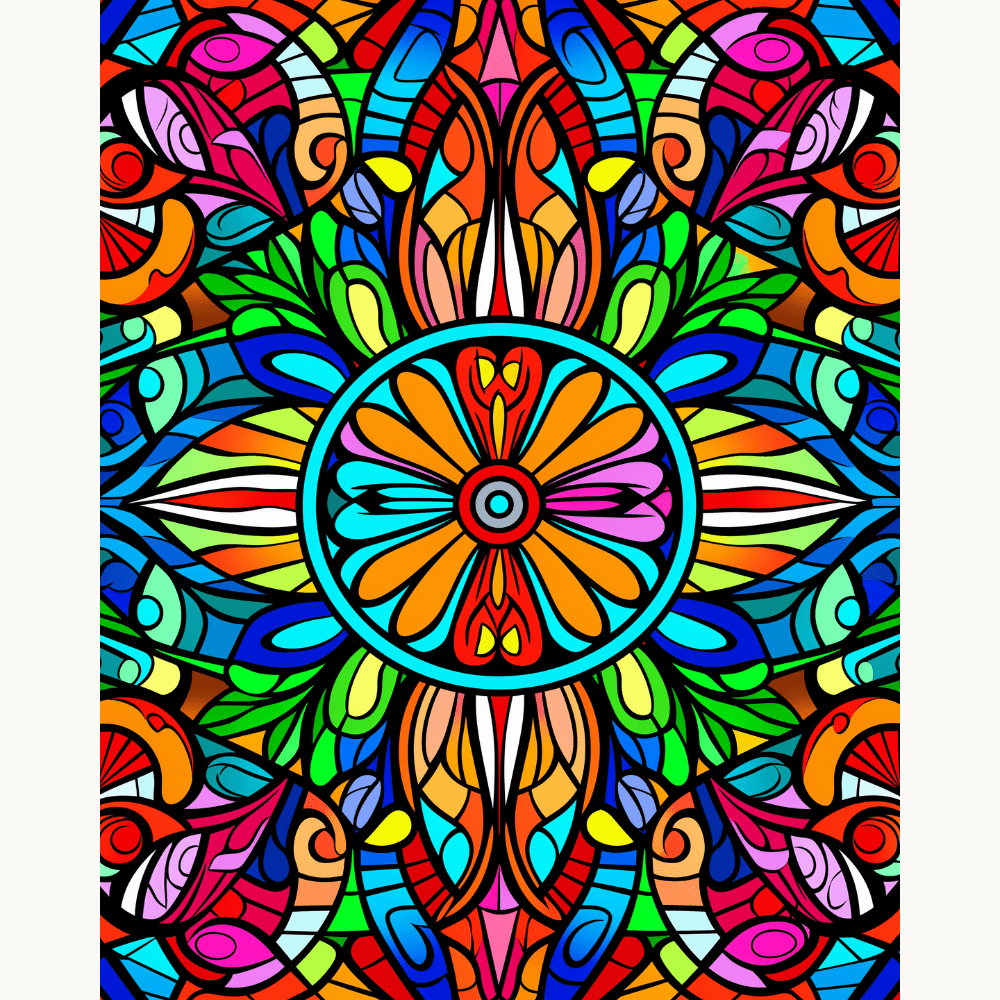This is a vibrant and intricately detailed poster featuring a circular pattern at its center that resembles a sunburst or starburst design.