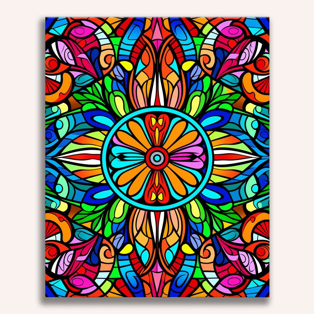 This is a vibrant and intricately detailed poster featuring a circular pattern at its center that resembles a sunburst or starburst design.