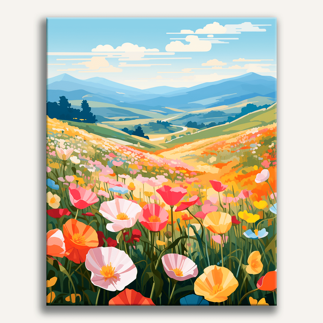 A vibrant illustration depicts a serene landscape with fields of colorful flowers in the foreground and distant mountains under a clear blue sky..