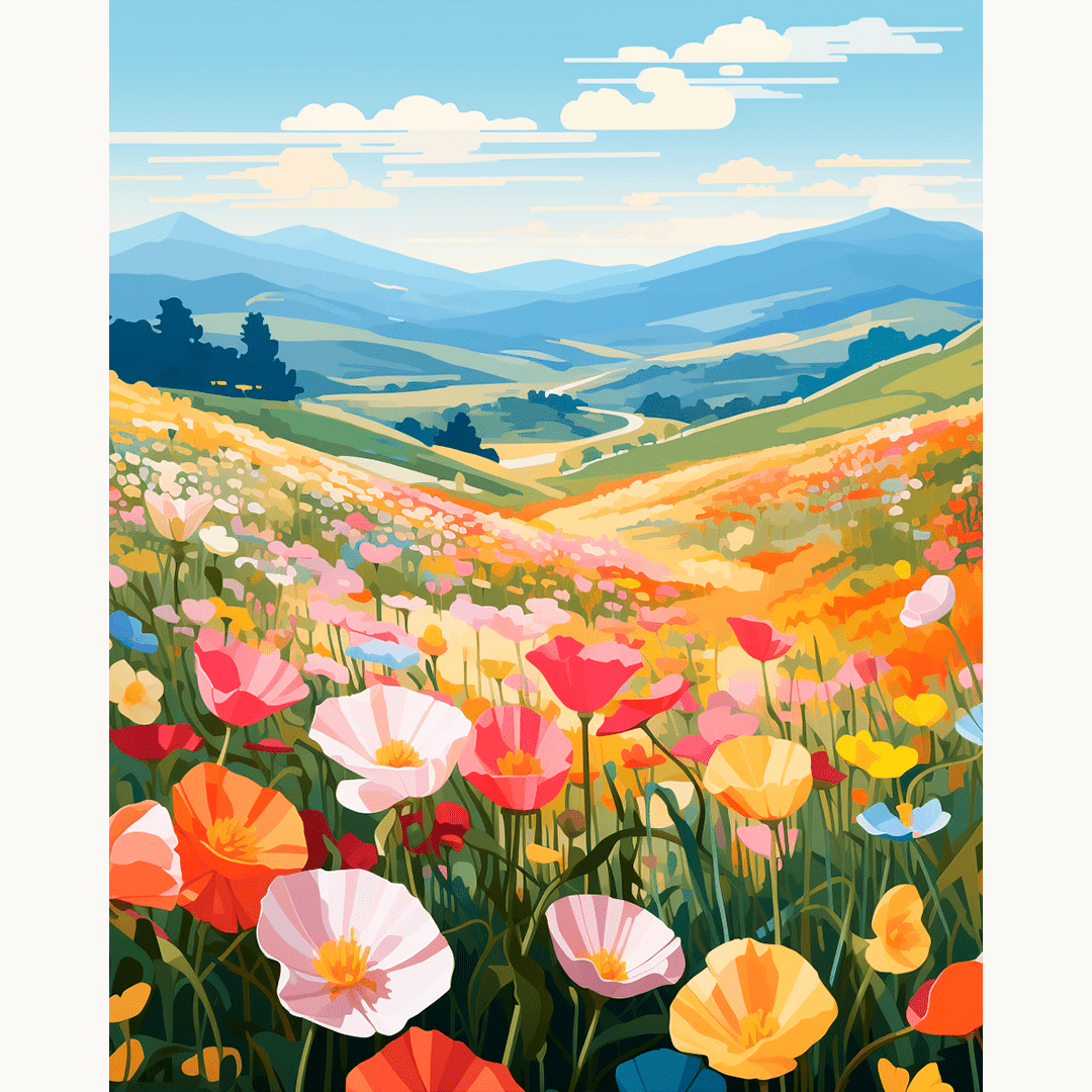 A vibrant illustration depicts a serene landscape with fields of colorful flowers in the foreground and distant mountains under a clear blue sky..