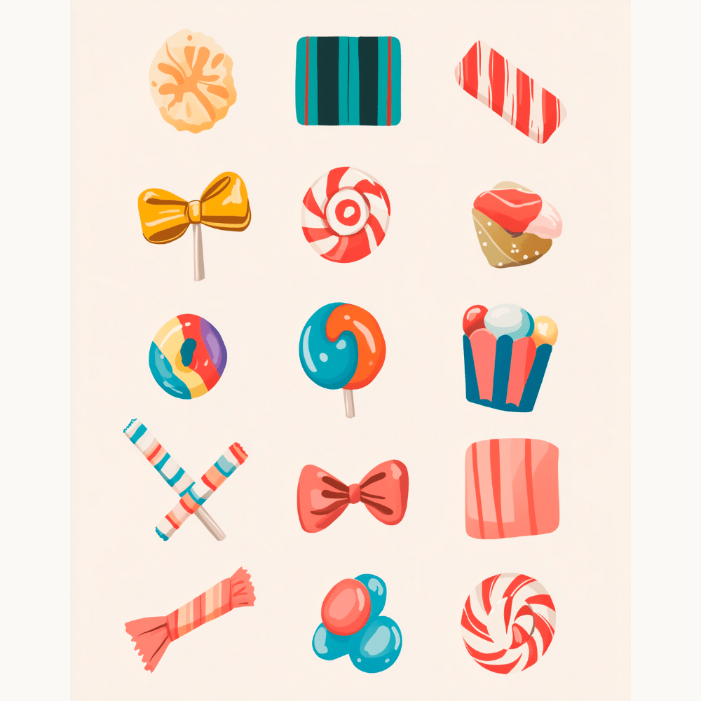 The image depicts a collection of eight colorful candies and two lollipops displayed on a white background..