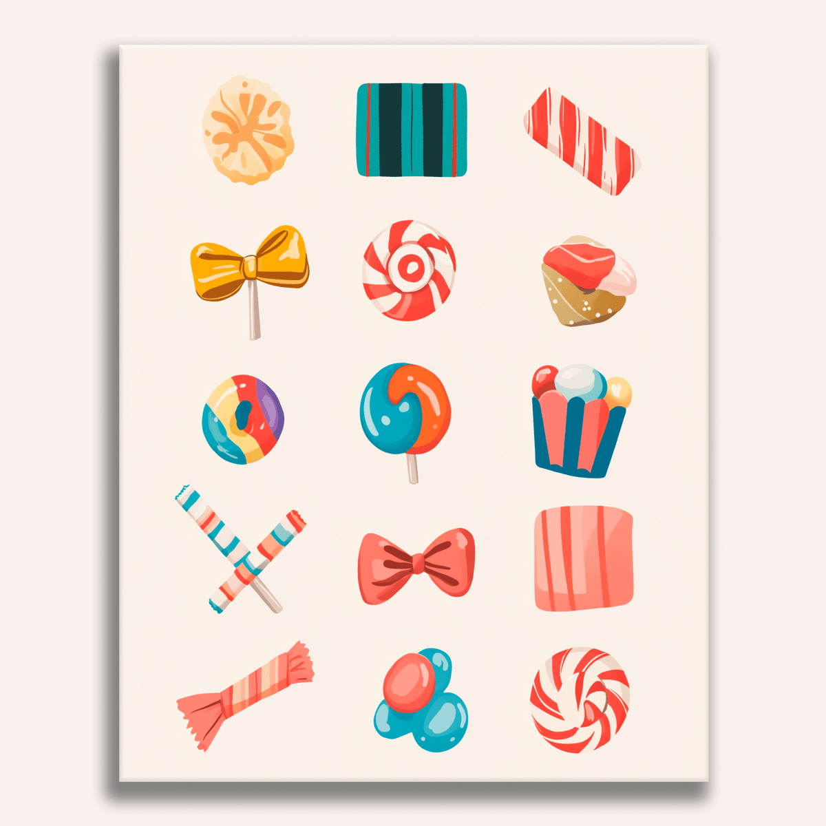 The image depicts a collection of eight colorful candies and two lollipops displayed on a white background..