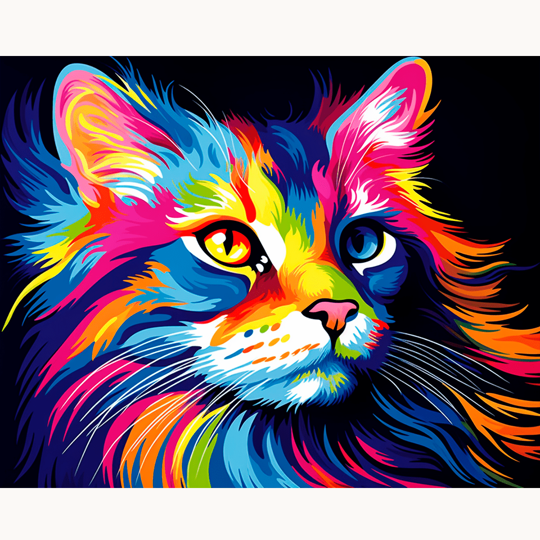In the center of the image, a cat's face takes prominence, captured in a portrait style.