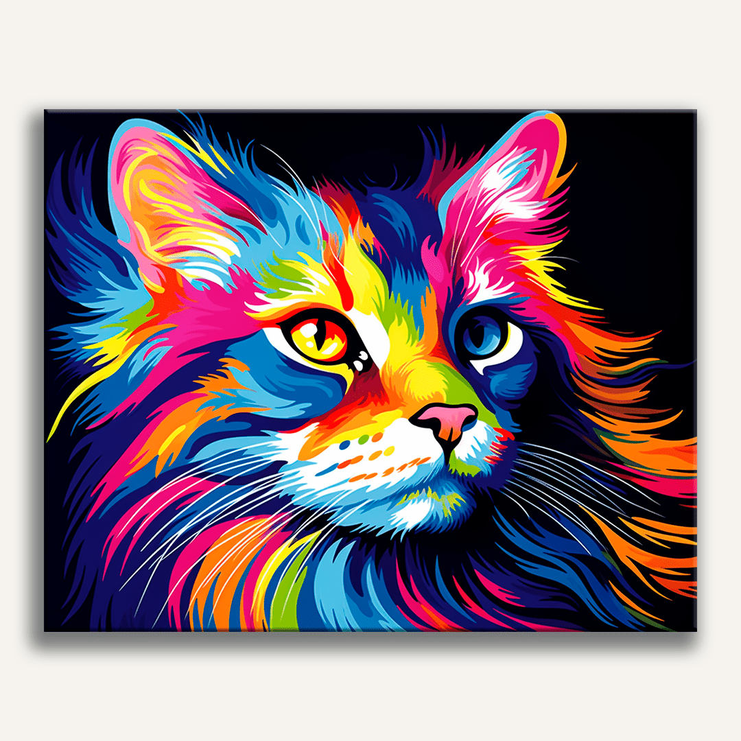 In the center of the image, a cat's face takes prominence, captured in a portrait style.