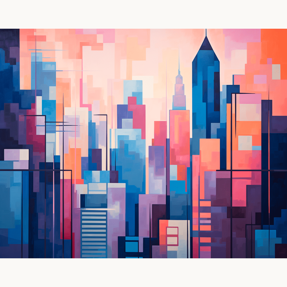 The image presents a vibrant cityscape at sunset or sunrise, as indicated by the warm glow across the sky and on the buildings.