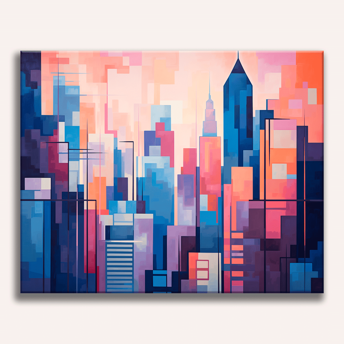 The image presents a vibrant cityscape at sunset or sunrise, as indicated by the warm glow across the sky and on the buildings.