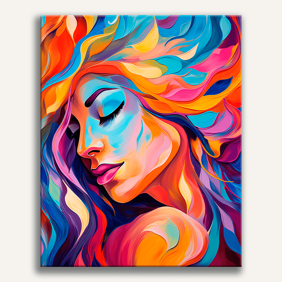 The image portrays a woman with long hair, closed eyes, and a serene expression.