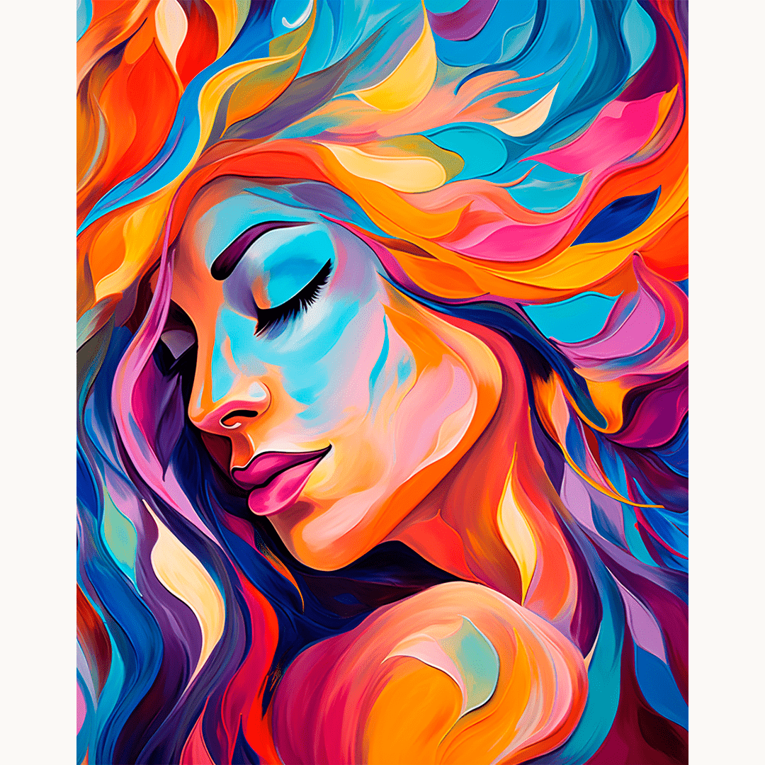 The image portrays a woman with long hair, closed eyes, and a serene expression.