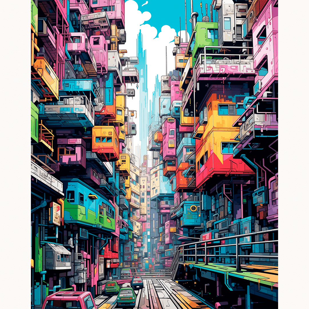 The image showcases a vibrant scene from an anime-style dystopian cityscape.