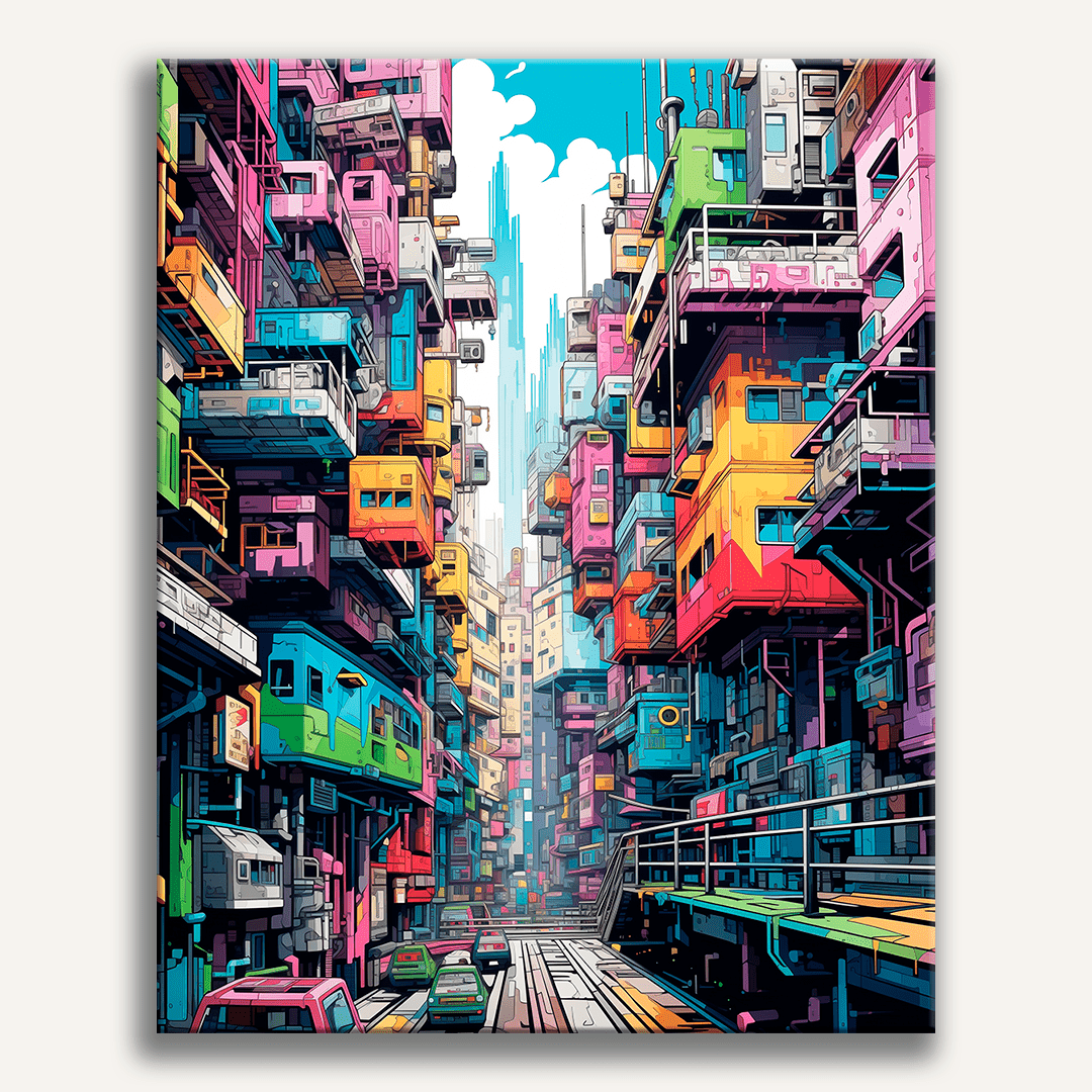 The image showcases a vibrant scene from an anime-style dystopian cityscape.